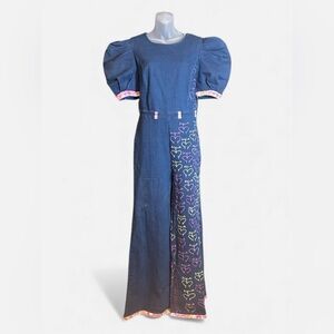 Denim Jumpsuit Wide Leg Short Puff Sleeve Women’s Large Hand painted hearts
